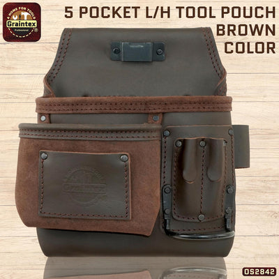 OS2842 :: 5 Pocket Left Handed Nail & Tool Pouch Brown Color Top Grain Oil Tanned Leather