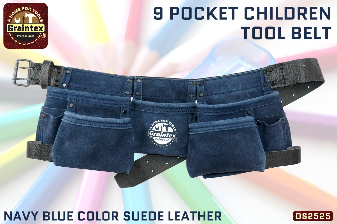 DS2525 :: 9 Pocket Children Tool Belt Navy Blue Color Suede Leather