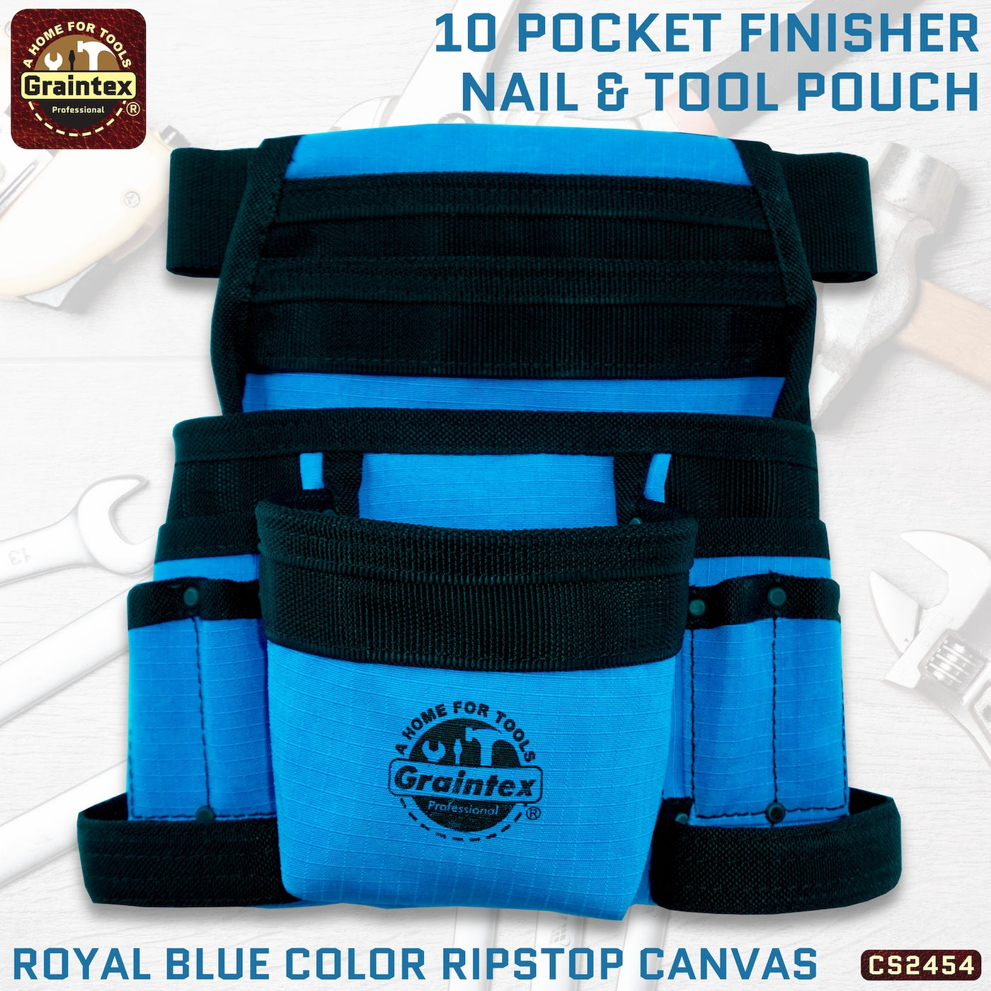 CS2454 :: 10 Pocket Finisher Nail & Tool Pouch Royal Blue Color Ripstop Canvas with 2” Webbing Belt