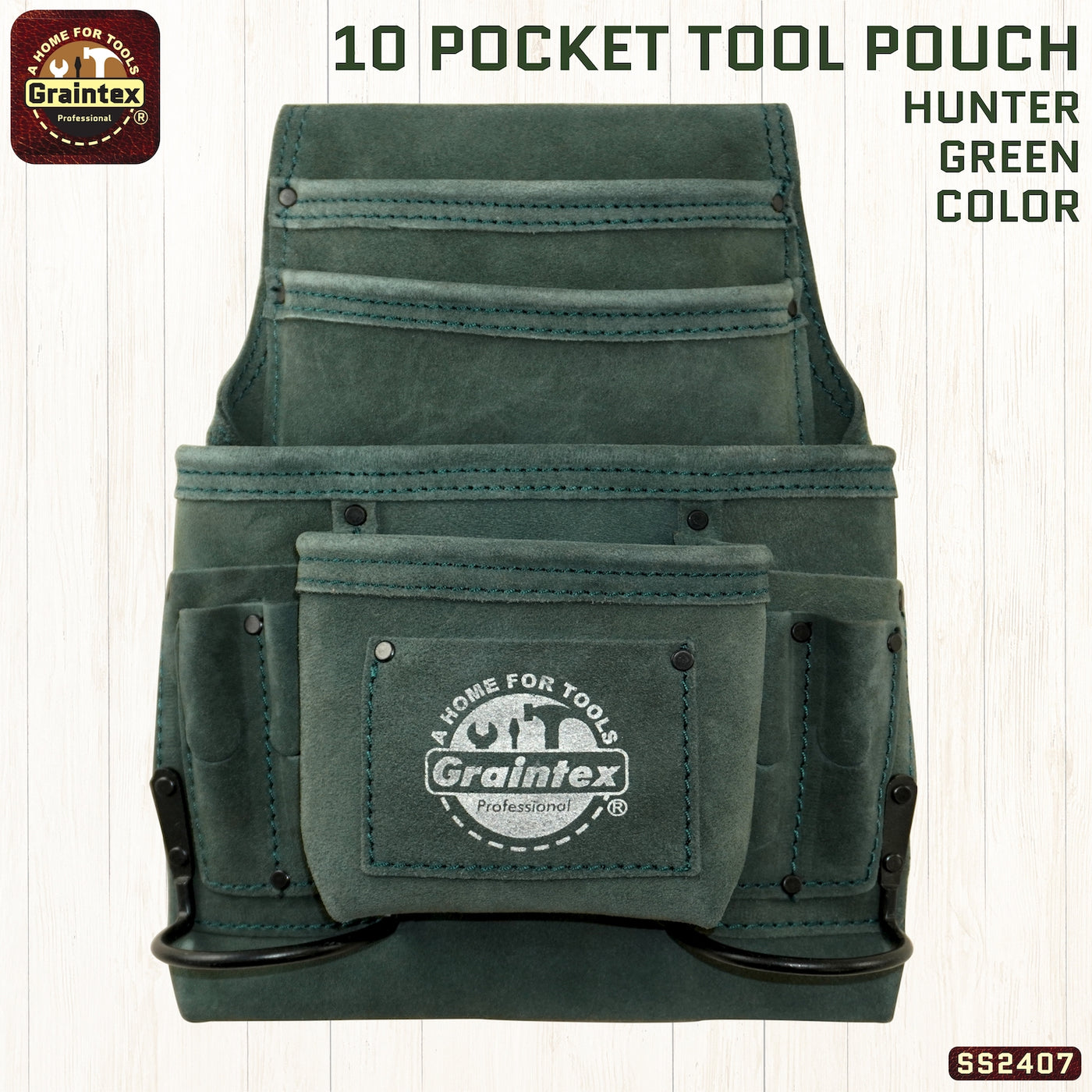 SS2407 :: 10 Pocket Nail & Tool Pouch Hunter Green Color Suede Leather
