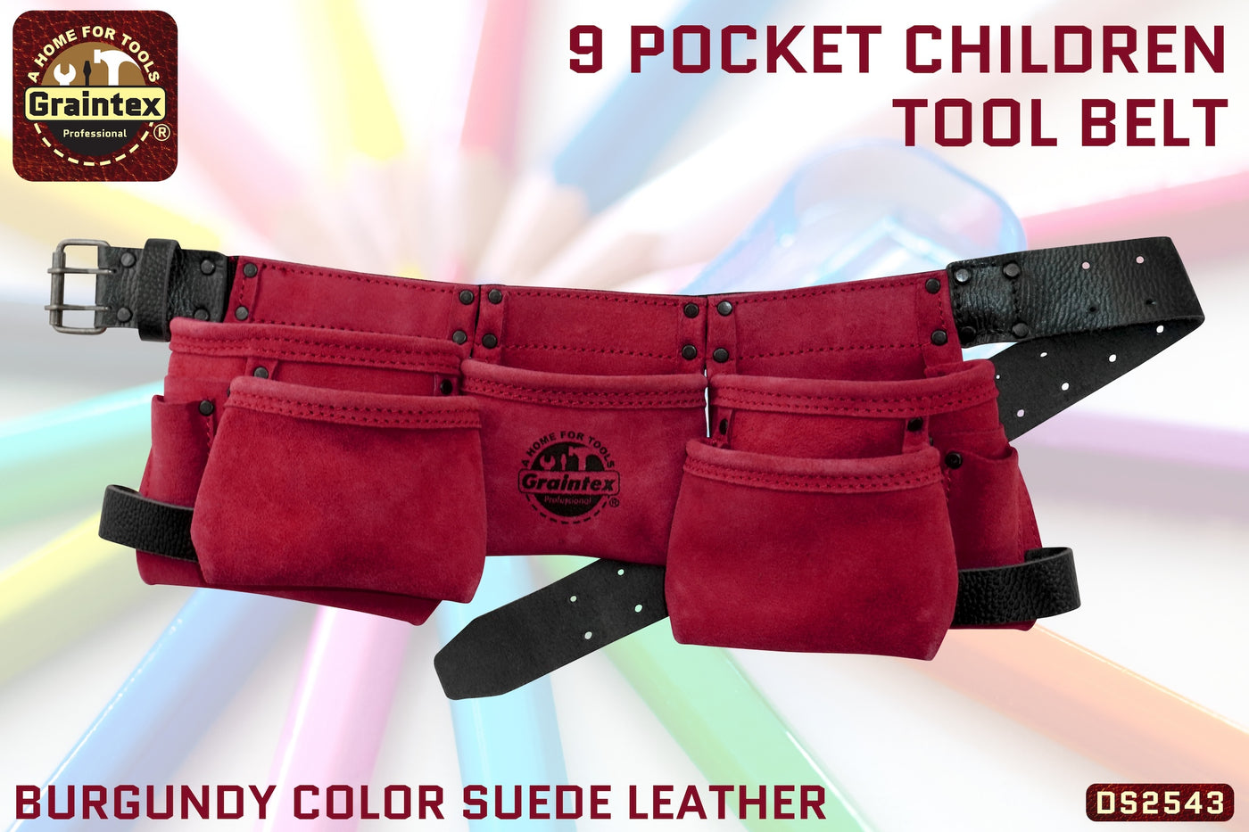 DS2543 :: 9 Pocket Children Tool Belt Burgundy Color Suede Leather