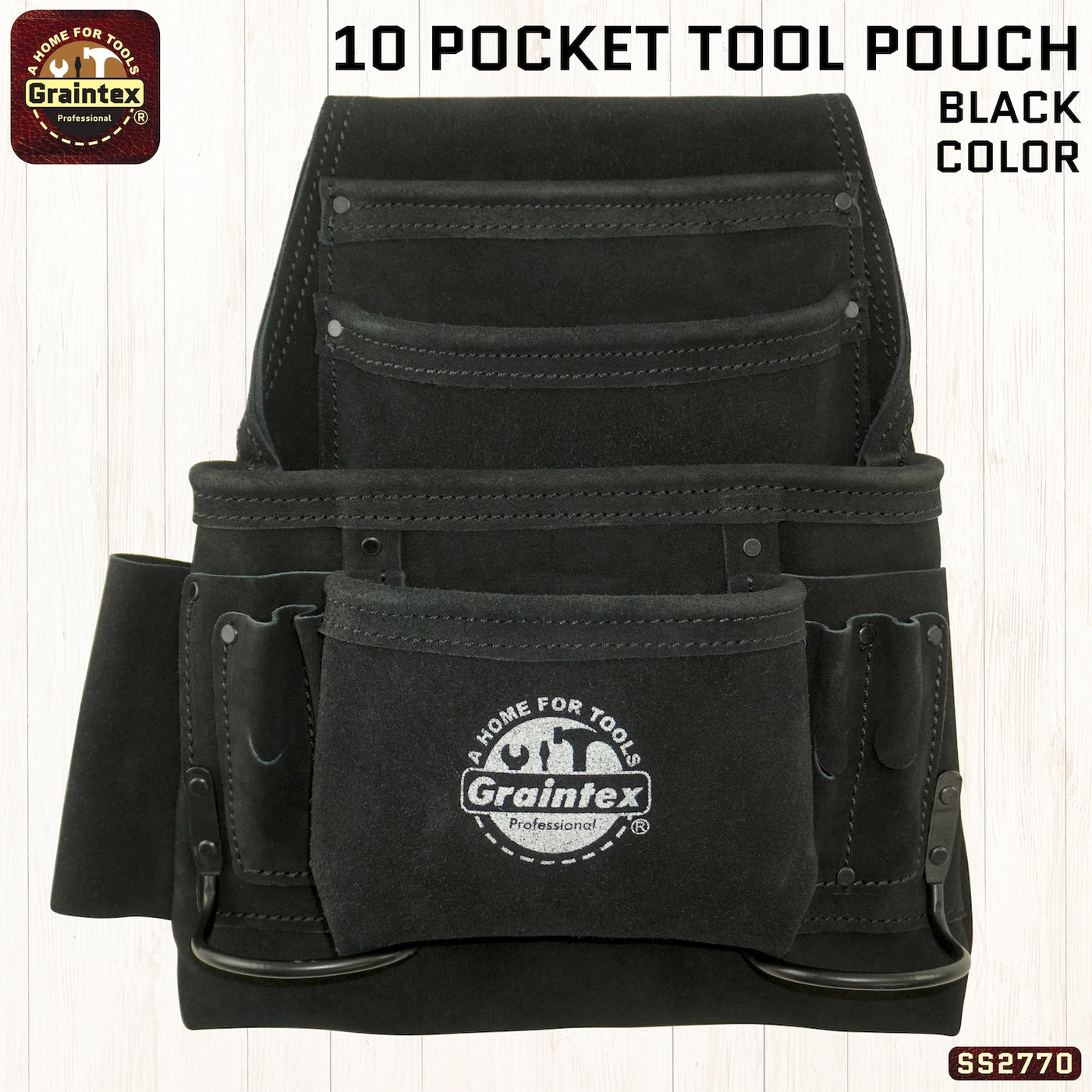 SS2770 :: 10 Pocket Nail & Tool Pouch Black Color Suede Leather