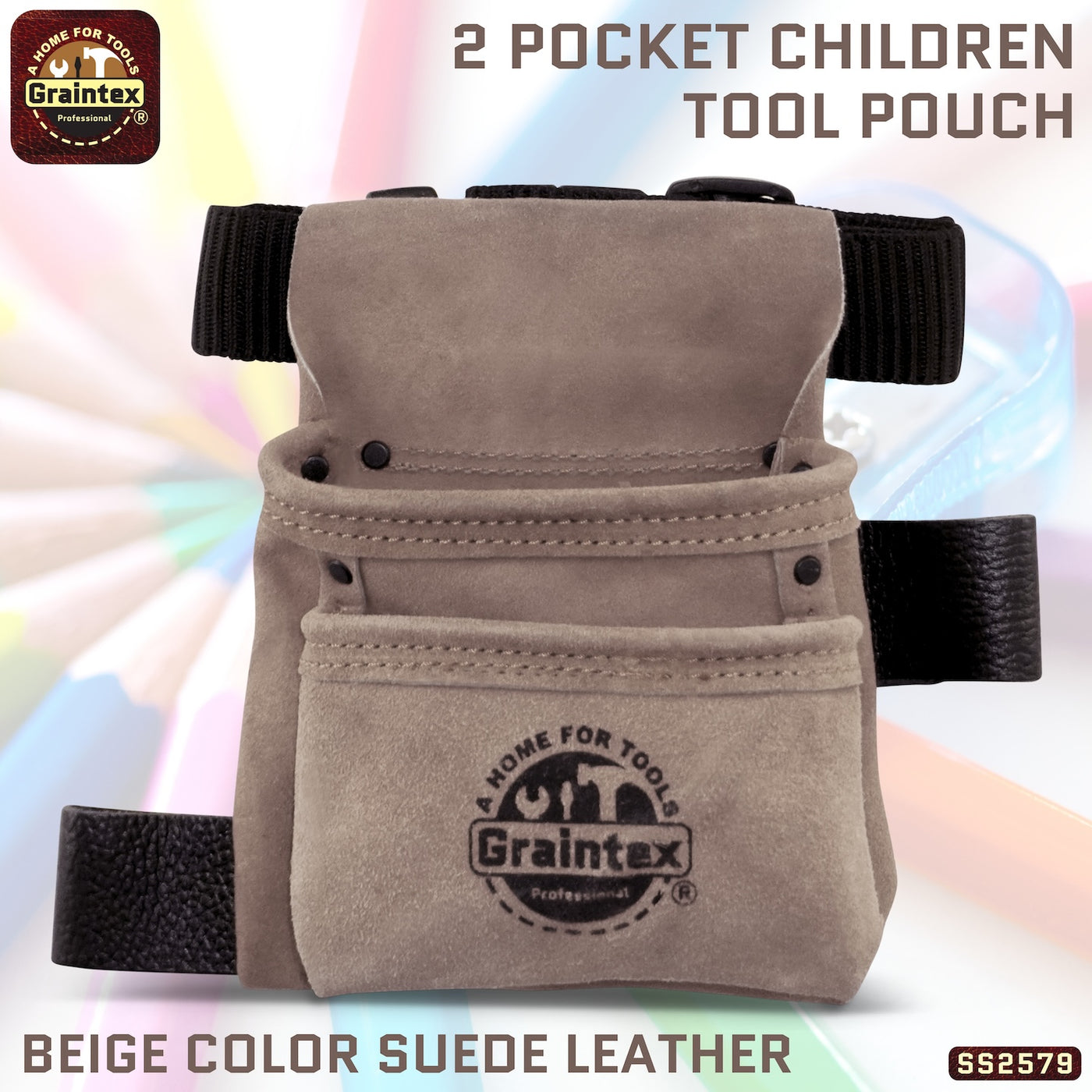 SS2579 :: 2 Pocket Children Tool Pouch Beige Color Suede Leather