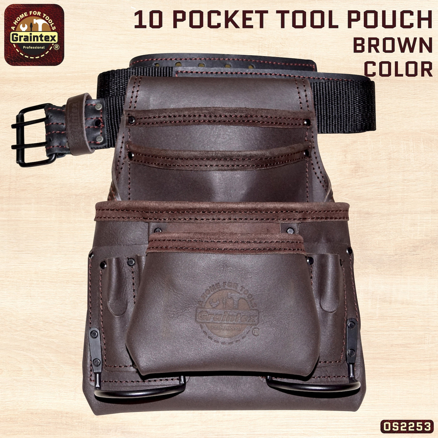 OS2253 :: 10 Pocket Nail & Tool Pouch Oil Tanned Leather with 2" Belt