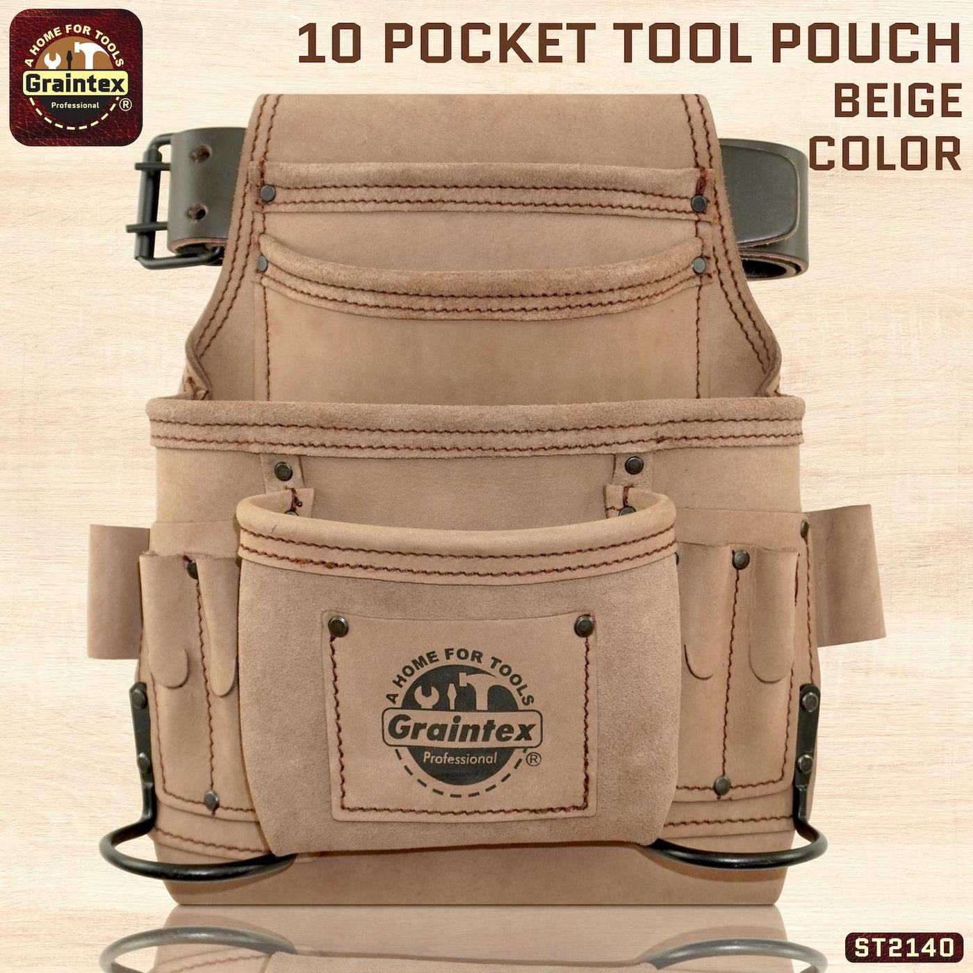 ST2140 :: 10 Pocket Nail & Tool Pouch Beige Color Top Grain Leather with 2" Leather Belt