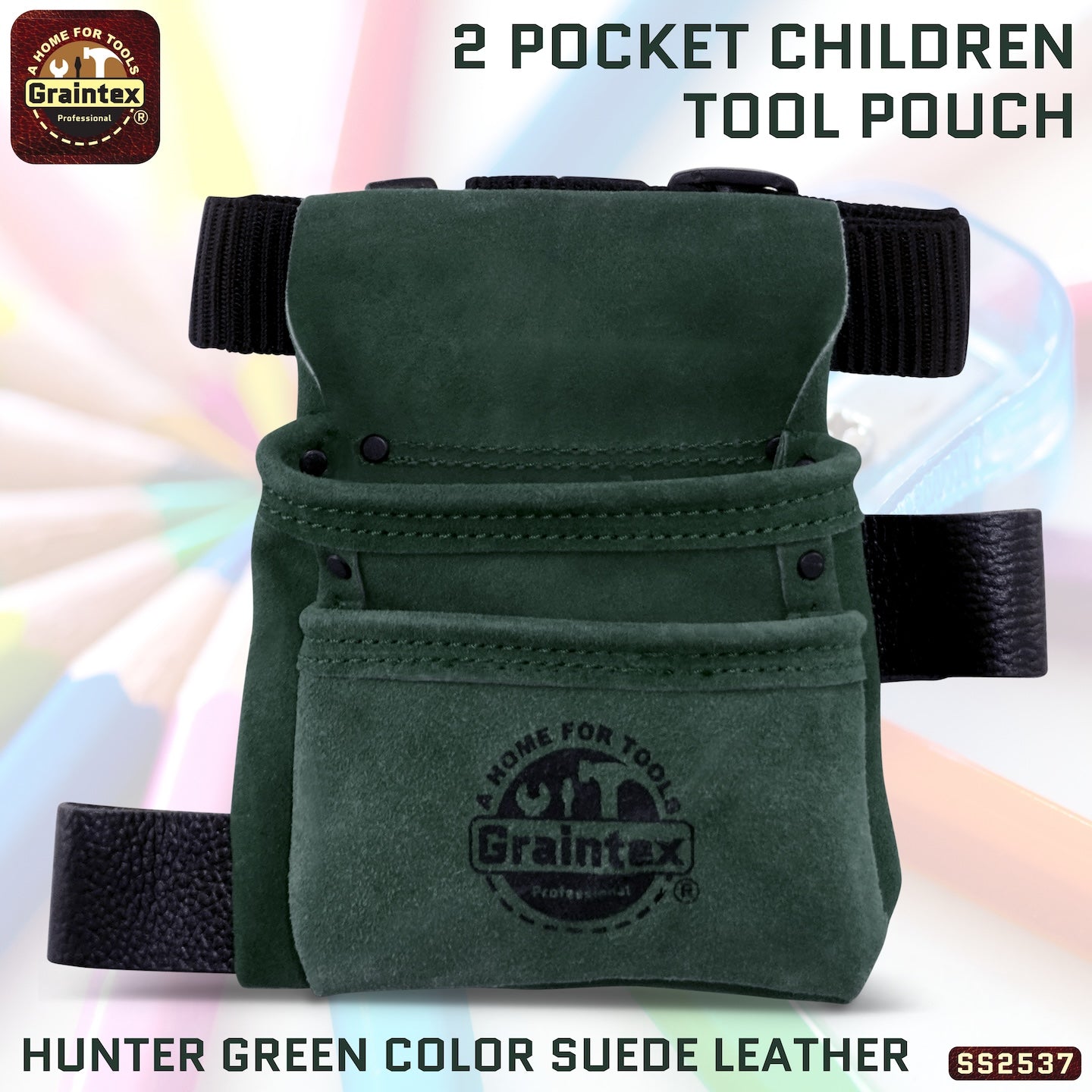 Graintex 4-Pocket Children's Tool Pouch, Ripstop Canvas Double-Layered With Leather Trims, Real Kids Tool Belt With Hammer Loop (Hunter Green)