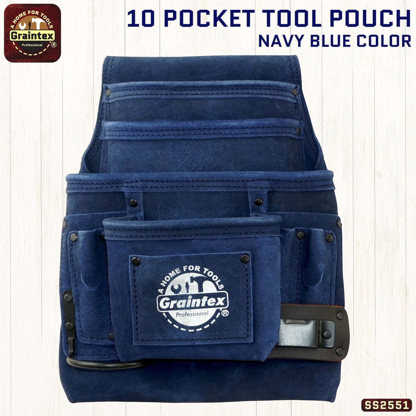SS2551 :: 10 Pocket Nail & Tool Pouch Navy Blue Color Suede Leather