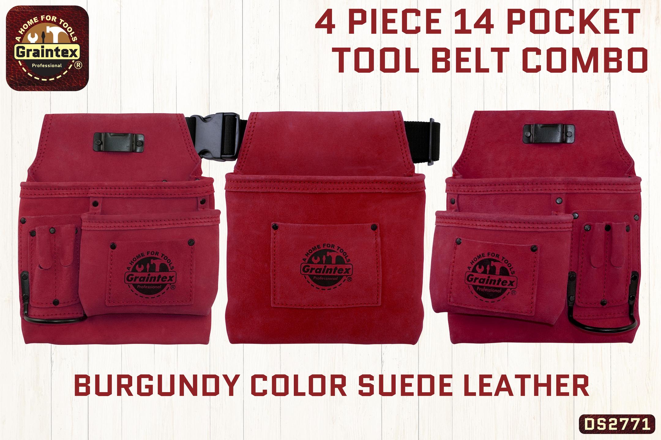DS2771 4 Piece 14 Pocket Tool Belt Combo Burgundy Color Suede Leath