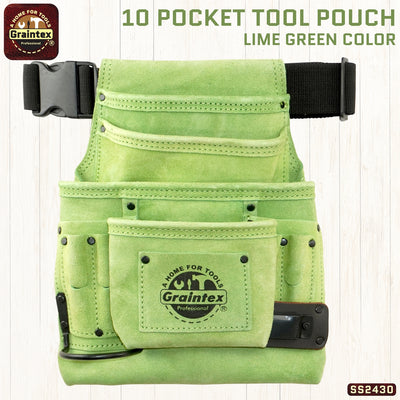 SS2430 :: 10 Pocket Nail & Tool Pouch Lime Green Color Suede Leather with Belt