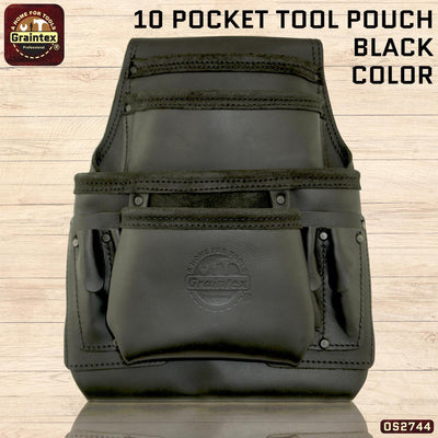 OS2744 :: 10 Pocket Nail & Tool Pouch Black Color Top Grain Oil Tanned Leather