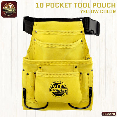 SS2279 :: 10 Pocket Nail & Tool Pouch Yellow Color Suede Leather with Belt