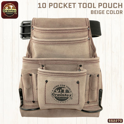 SS2270 :: 10 Pocket Nail & Tool Pouch Beige Suede Leather with 2" Leather/Webbing Belt