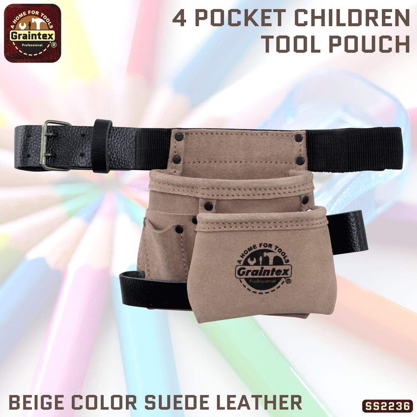 SS2236 :: 4 Pocket Children Tool Pouch Beige Color Suede Leather