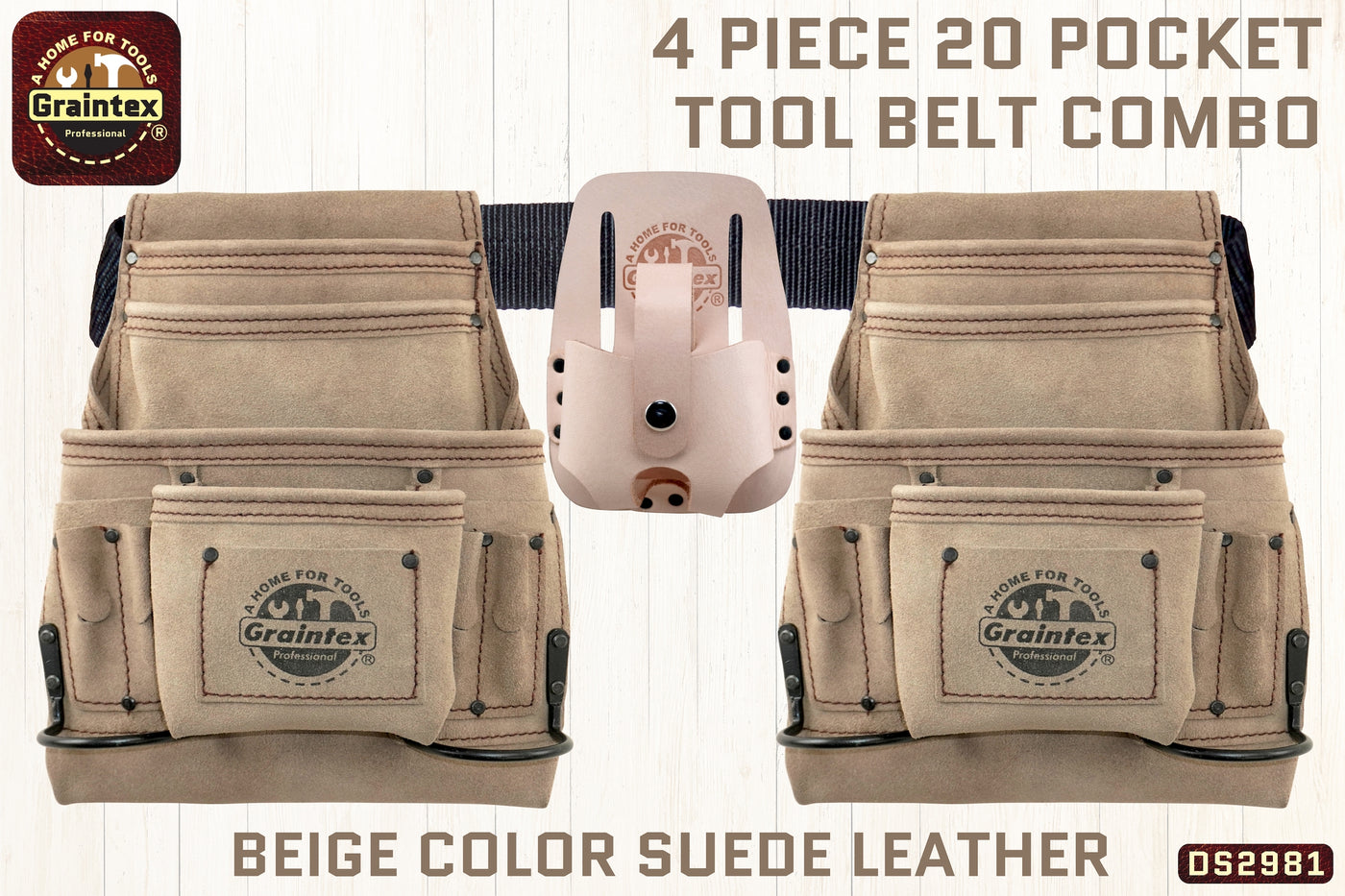 DS2981 :: 4 Piece 20 Pocket Tool Belt Combo Beige Color Suede Leather