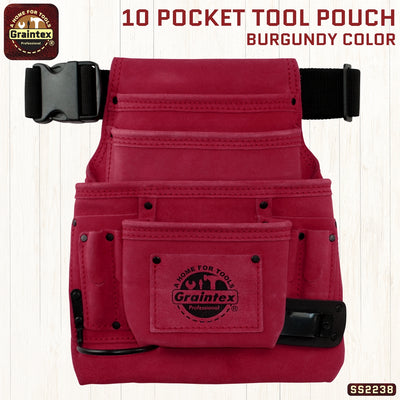 SS2238 :: 10 Pocket Nail & Tool Pouch Burgundy Color Suede Leather with Belt