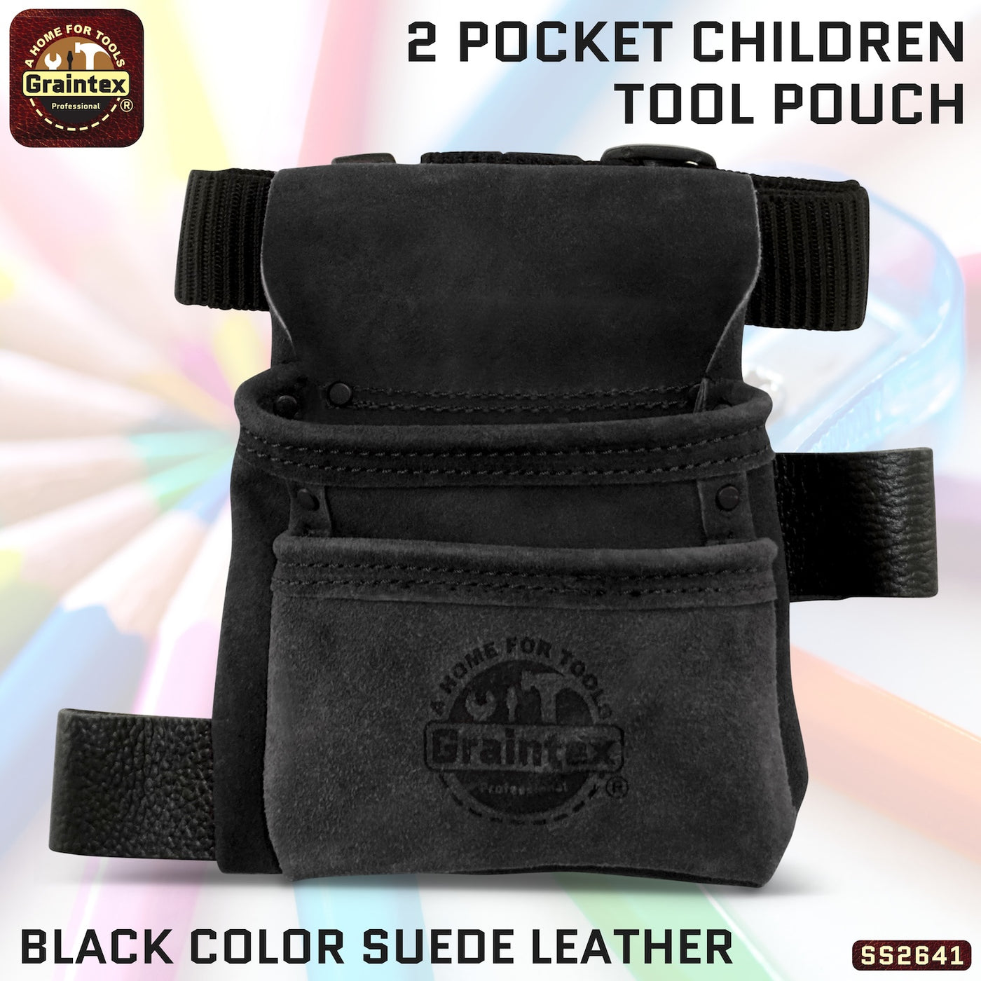 SS2641:: 2 Pocket Children Tool Pouch Black Color Suede Leather