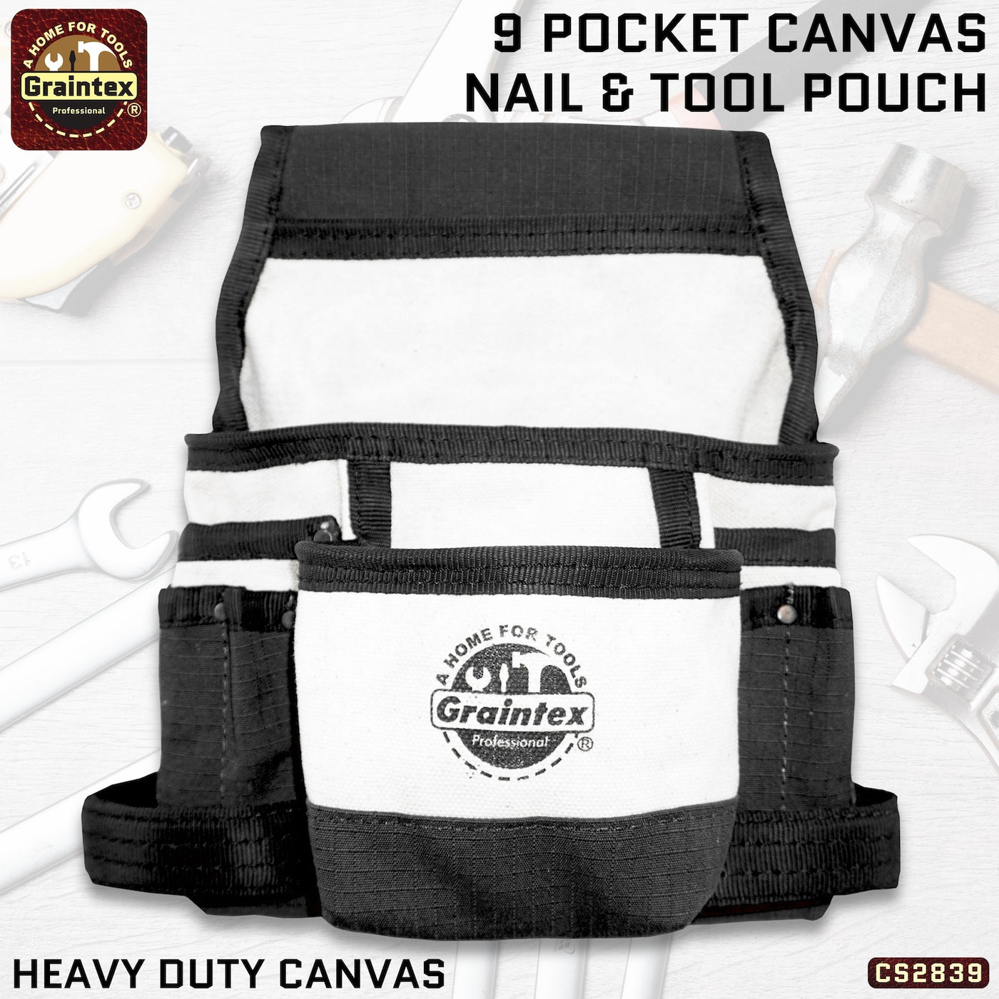 CS2839:: 9 Pocket Nail & Tool Pouch Heavy Duty Canvas