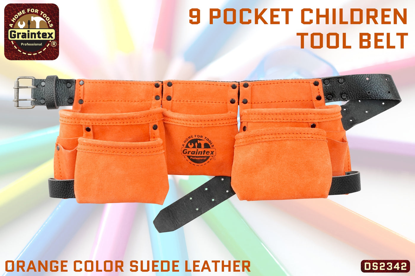 DS2342 :: 9 Pocket Children Tool Belt Orange Color Suede Leather