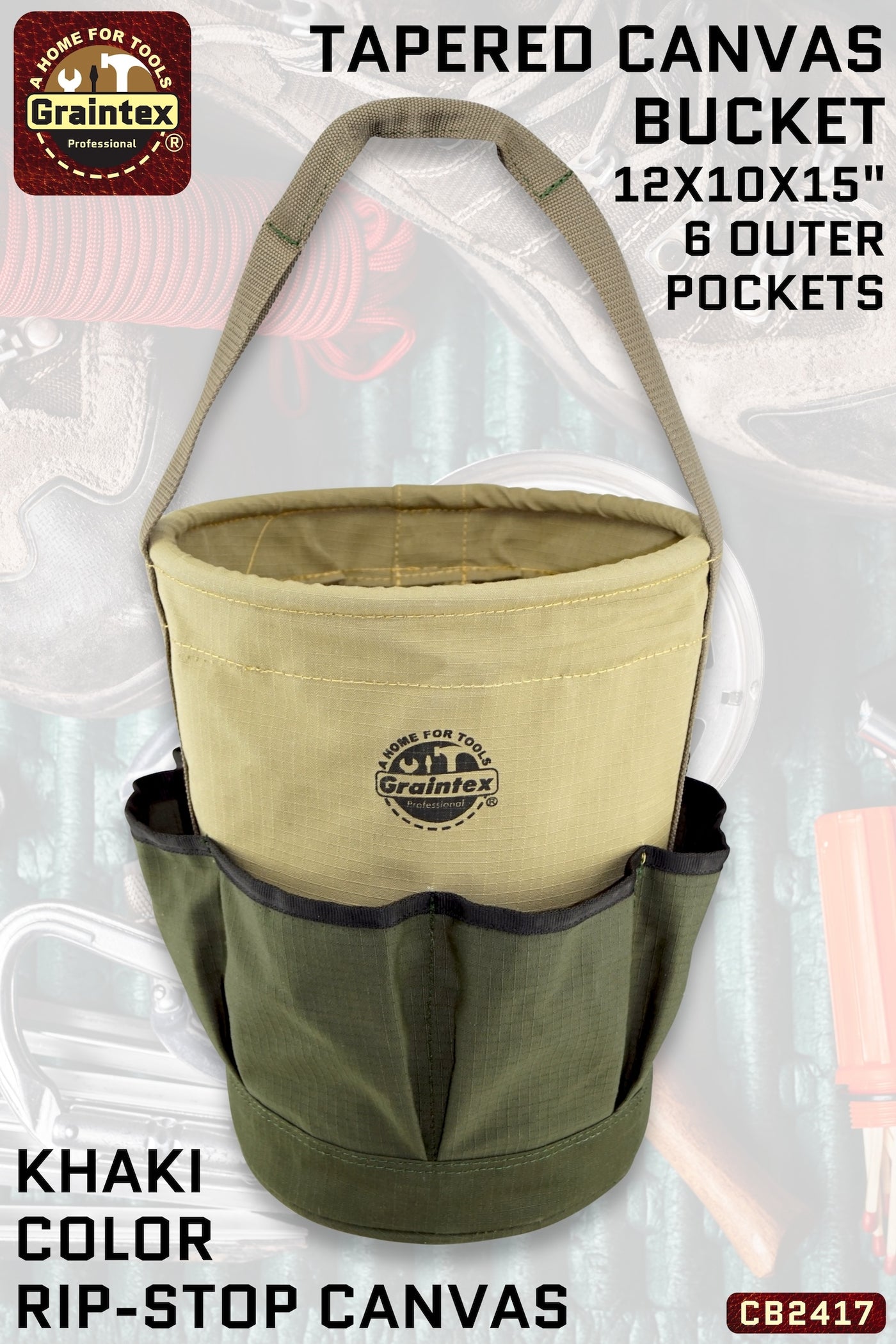 CB2417 :: MULTIPURPOSE TAPERED CANVAS BUCKET 6 OUTER POCKETS 12”X10”X15” WEBBING HANDLE