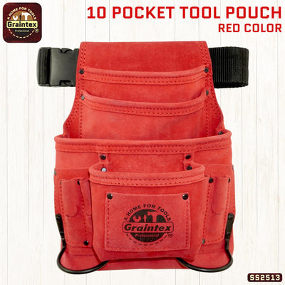 SS2513 :: 10 Pocket Nail & Tool Pouch Red Color Suede Leather with Belt