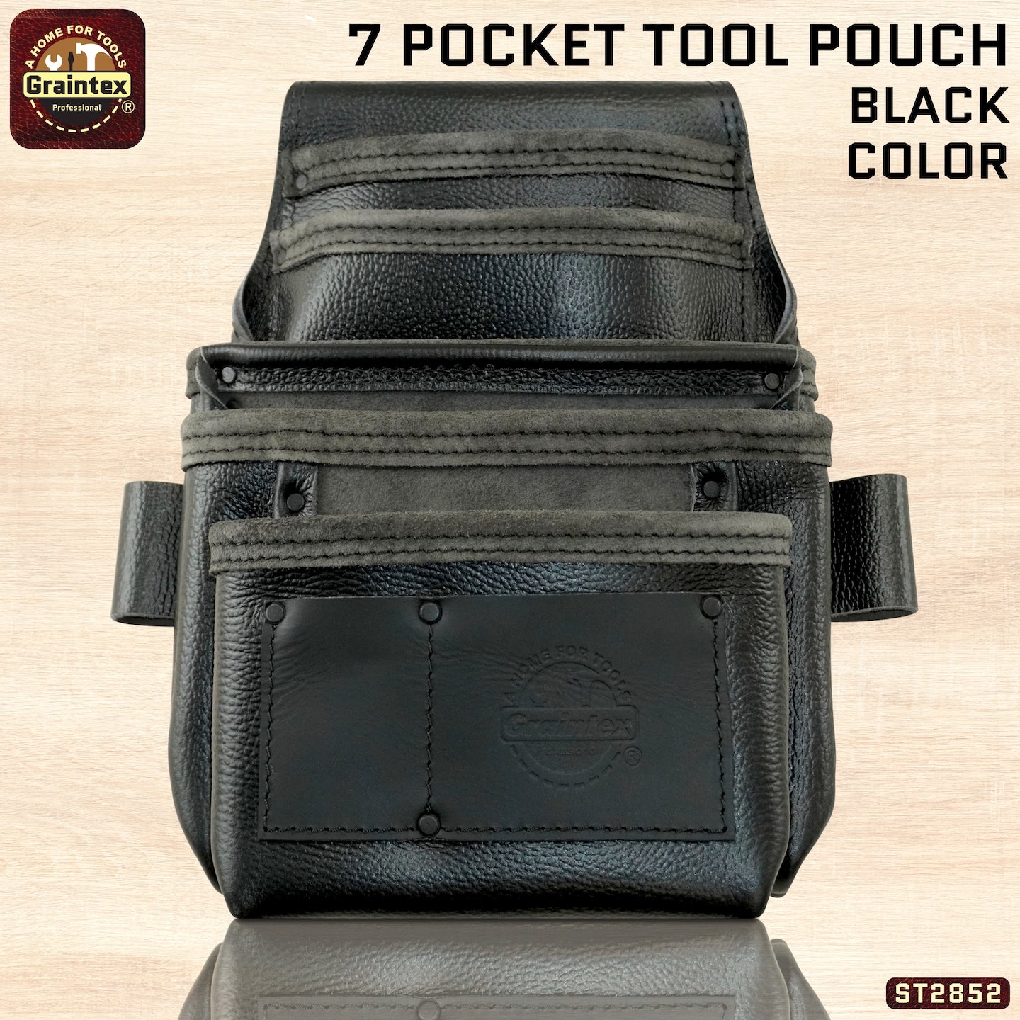 ST2852 :: 7 Pocket Nail & Tool Pouch RUGGED Black Color Top Grain Leat ST2852 :: 7 Pocket Nail & Tool Pouch RUGGED Black Color Top Grain Leat