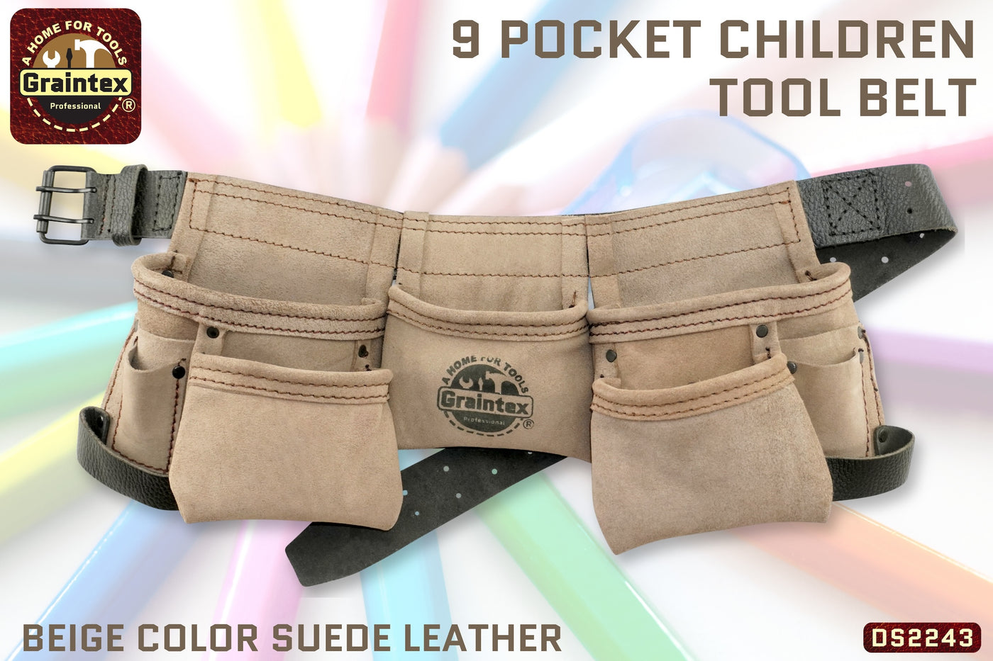 DS2243 :: 9 Pocket Children Tool Belt Beige Color Suede Leather