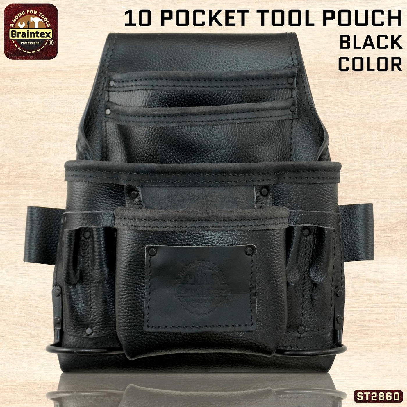 ST2860 :: 10 Pocket Nail & Tool Pouch Black Color RUGGED Top Grain Leather