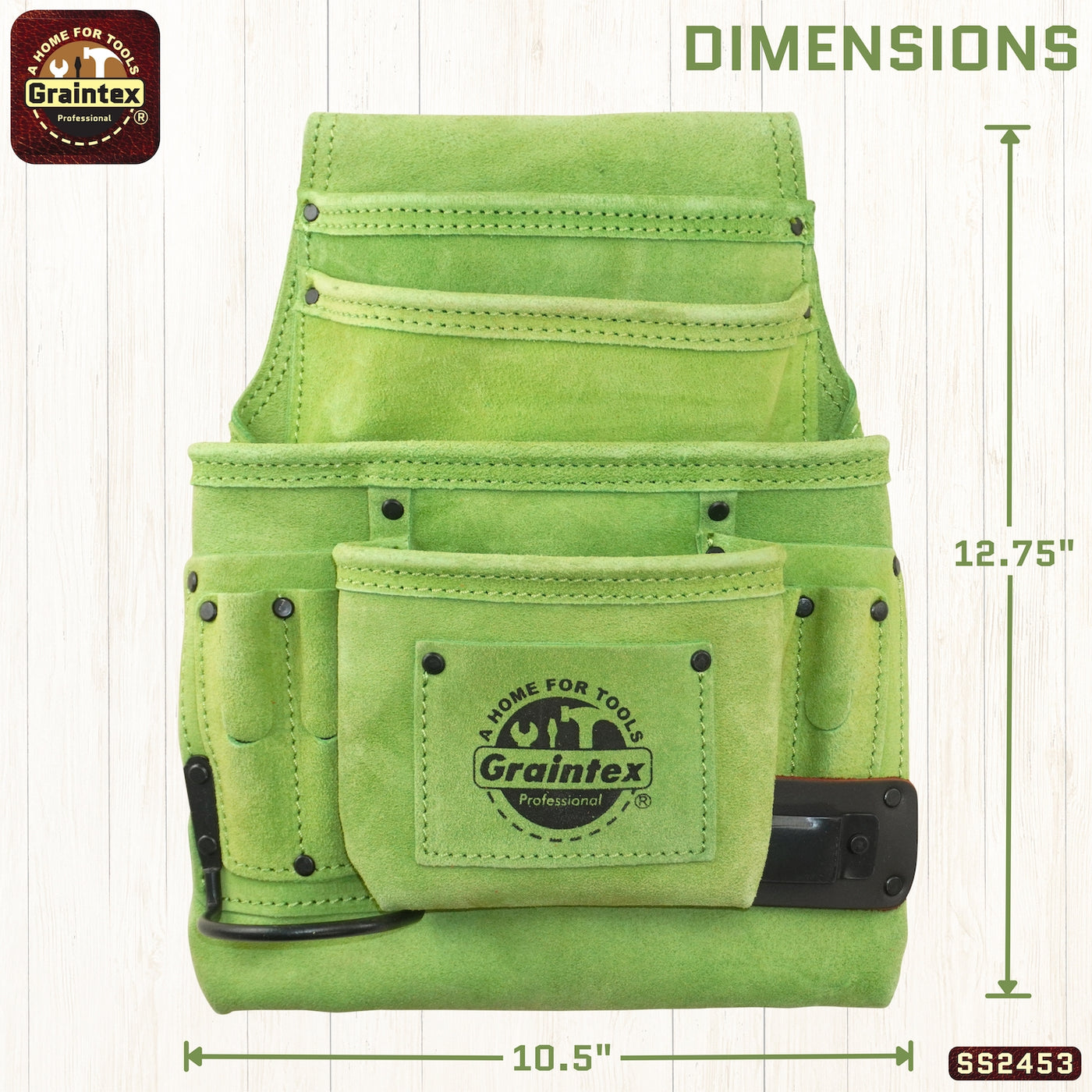 SS2453 :: 10 Pocket Nail & Tool Pouch Lime Green Color Suede Leather