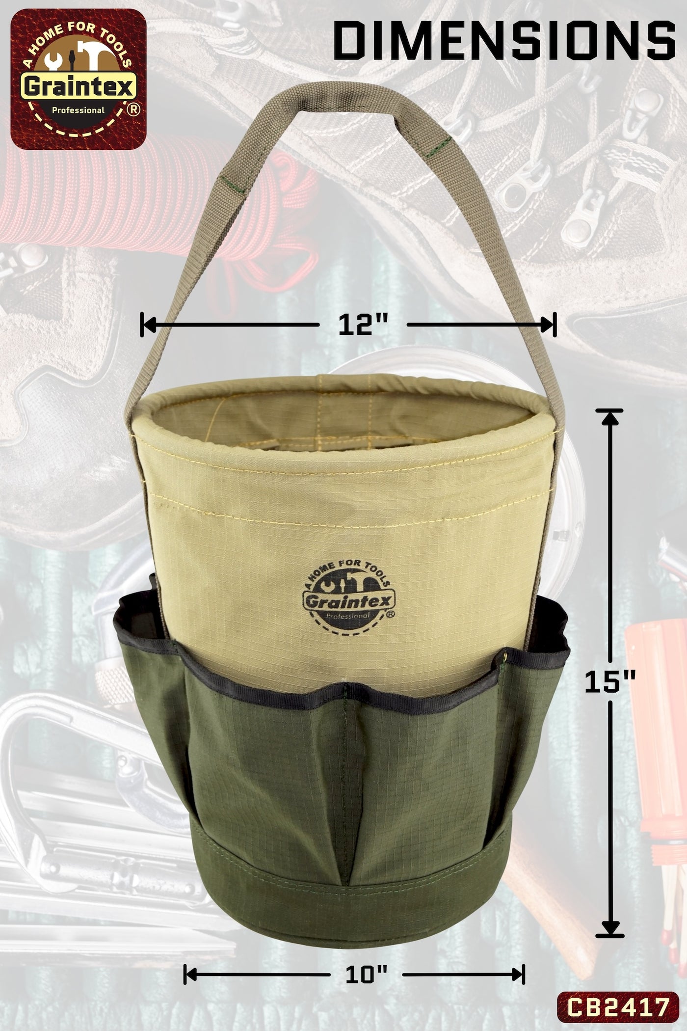 CB2417 :: MULTIPURPOSE TAPERED CANVAS BUCKET 6 OUTER POCKETS 12”X10”X15” WEBBING HANDLE