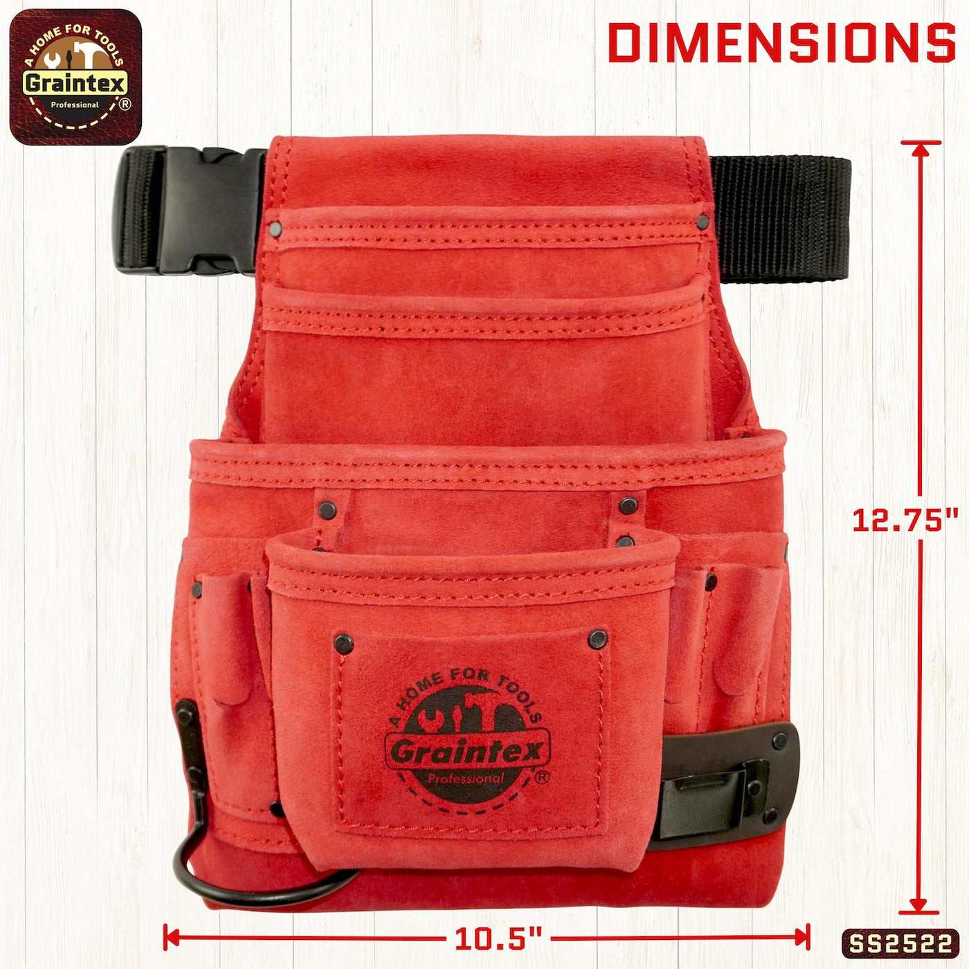 SS2522 :: 10 Pocket Nail & Tool Pouch Red Color Suede Leather with Belt