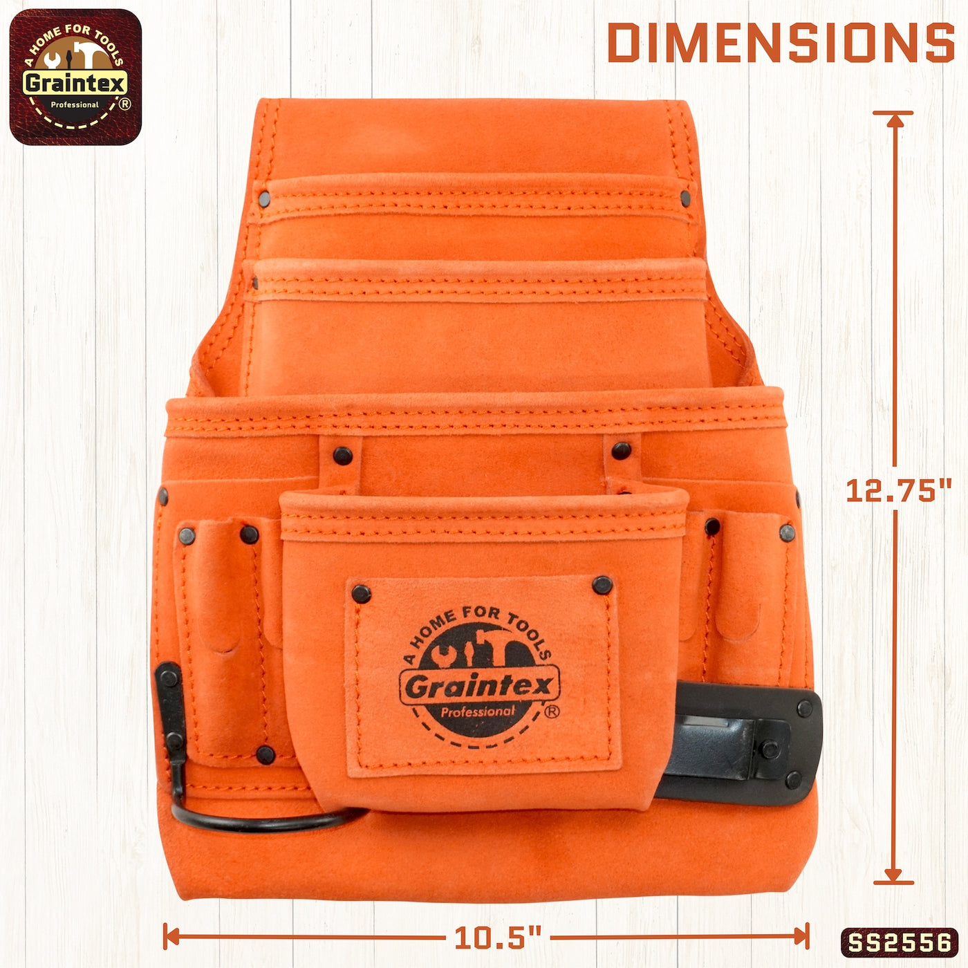 SS2556 :: 10 Pocket Nail & Tool Pouch Orange Color Suede Leather