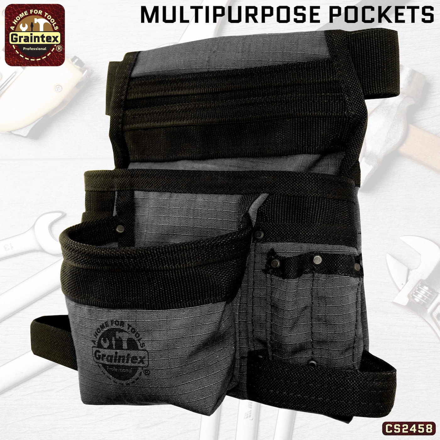 CS2458 :: 10 Pocket Finisher Nail & Tool Pouch Black Color Ripstop Canvas with 2” Webbing Belt
