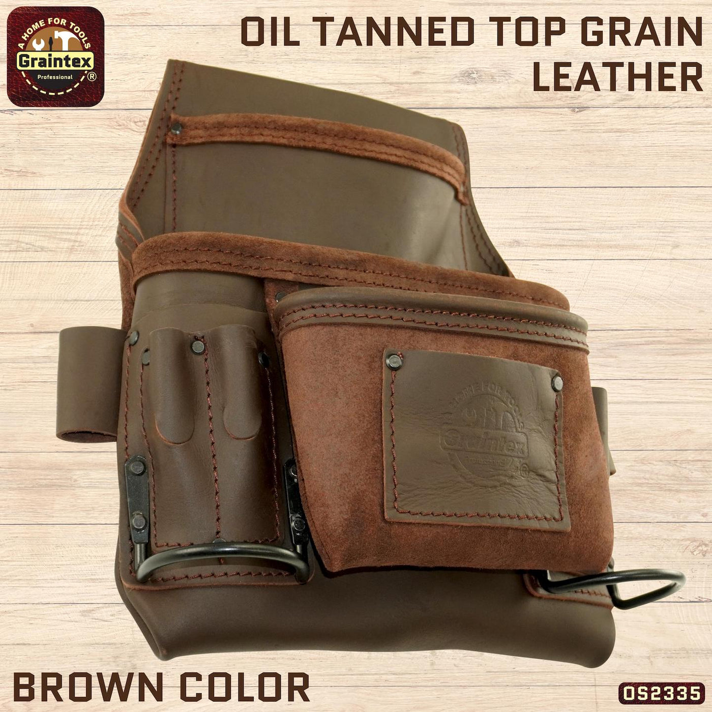 OS2335 :: 9 Pocket Nail & Tool Pouch Brown Color Top Grain Oil Tanned Leather