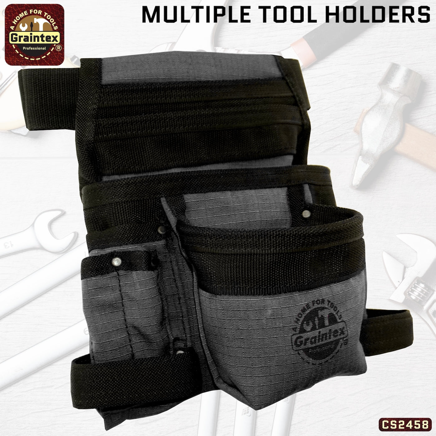 CS2458 :: 10 Pocket Finisher Nail & Tool Pouch Black Color Ripstop Canvas with 2” Webbing Belt
