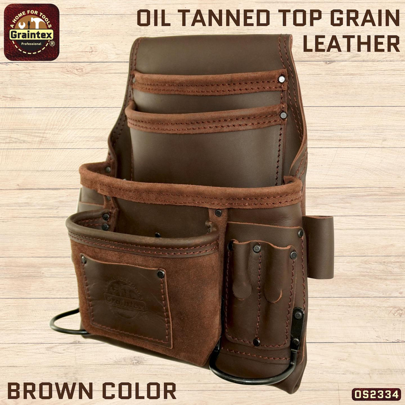 OS2334 :: 10 Pocket Nail & Tool Pouch Brown Color Top Grain Oil Tanned Leather