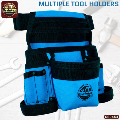 CS2454 :: 10 Pocket Finisher Nail & Tool Pouch Royal Blue Color Ripstop Canvas with 2” Webbing Belt