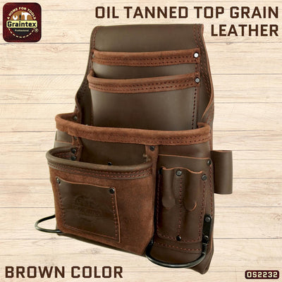 OS2232 :: 10 Pocket Nail & Tool Pouch Brown Color Oil Tanned Top Grain Leather