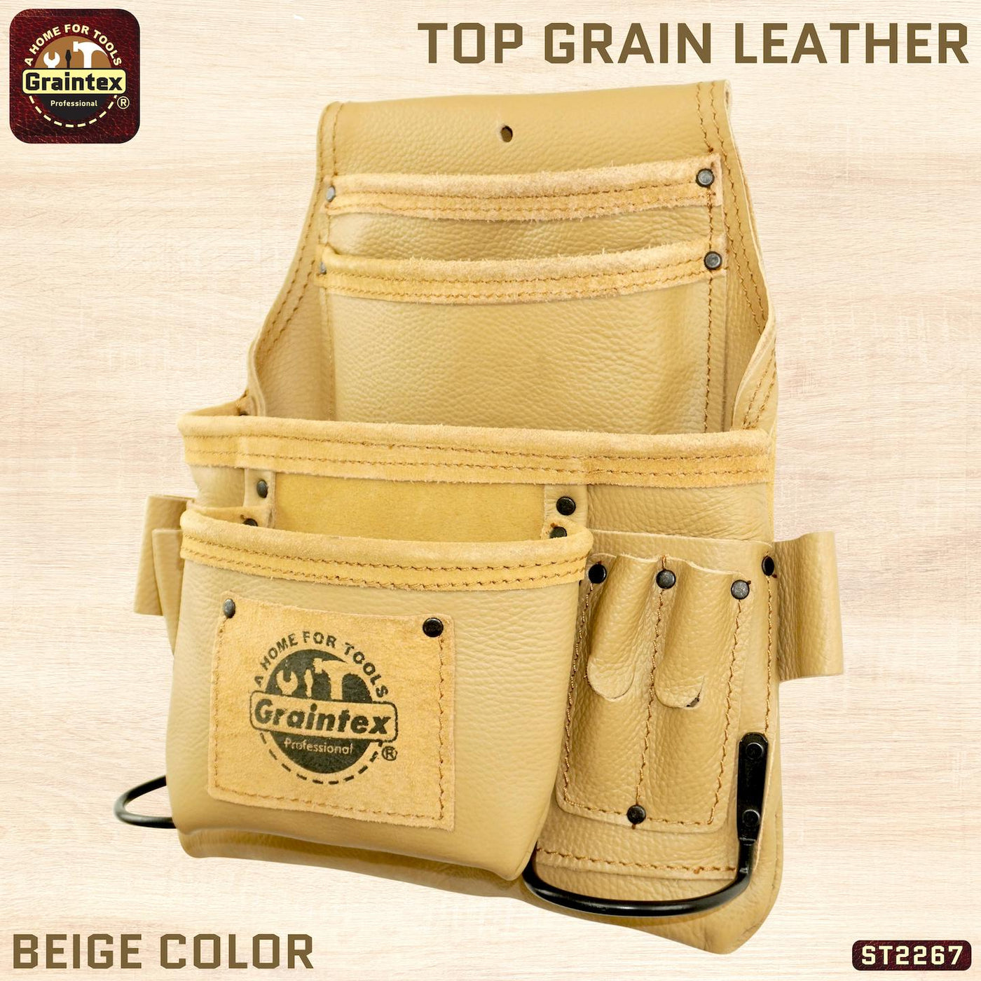 ST2267 :: 10 Pocket Nail & Tool Pouch Beige Color RUGGED Top Grain Leather