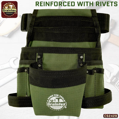 CS2428 :: 10 Pocket Finisher Nail & Tool Pouch Hunter Green Color Ripstop Canvas with 2” Webbing Belt