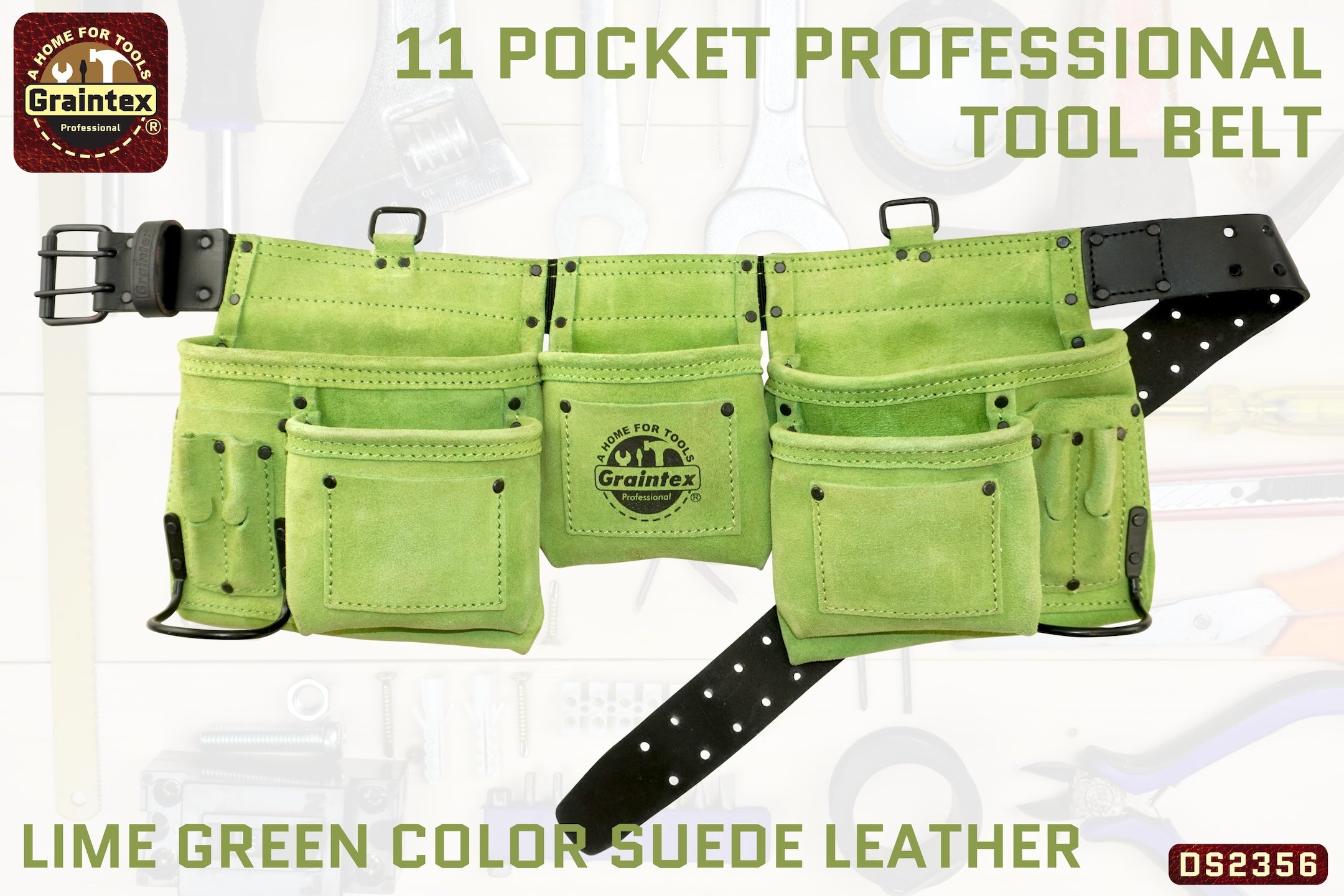 DS2356 :: 11 POCKET PROFESSIONAL TOOL BELT LIME GREEN COLOR SUEDE