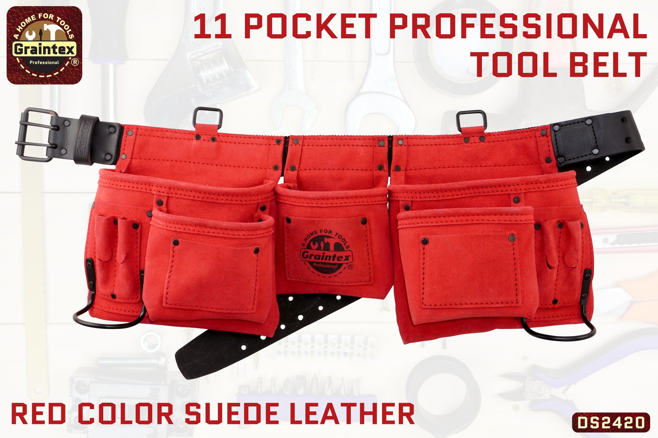 DS2420 :: 11 POCKET PROFESSIONAL TOOL BELT RED COLOR SUEDE LEATHER