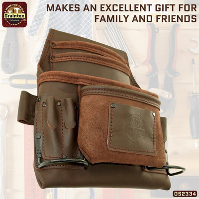 OS2334 :: 10 Pocket Nail & Tool Pouch Brown Color Top Grain Oil Tanned Leather