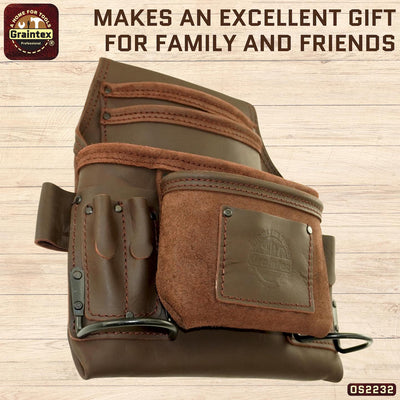 OS2232 :: 10 Pocket Nail & Tool Pouch Brown Color Oil Tanned Top Grain Leather