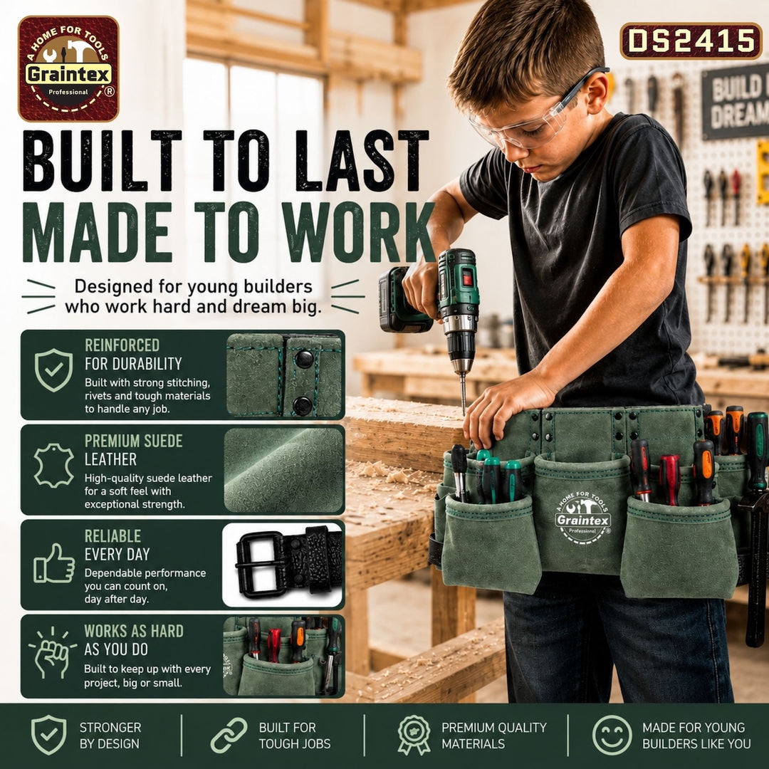 9 Pocket Children Tool Belt Hunter Green Color Suede Leather