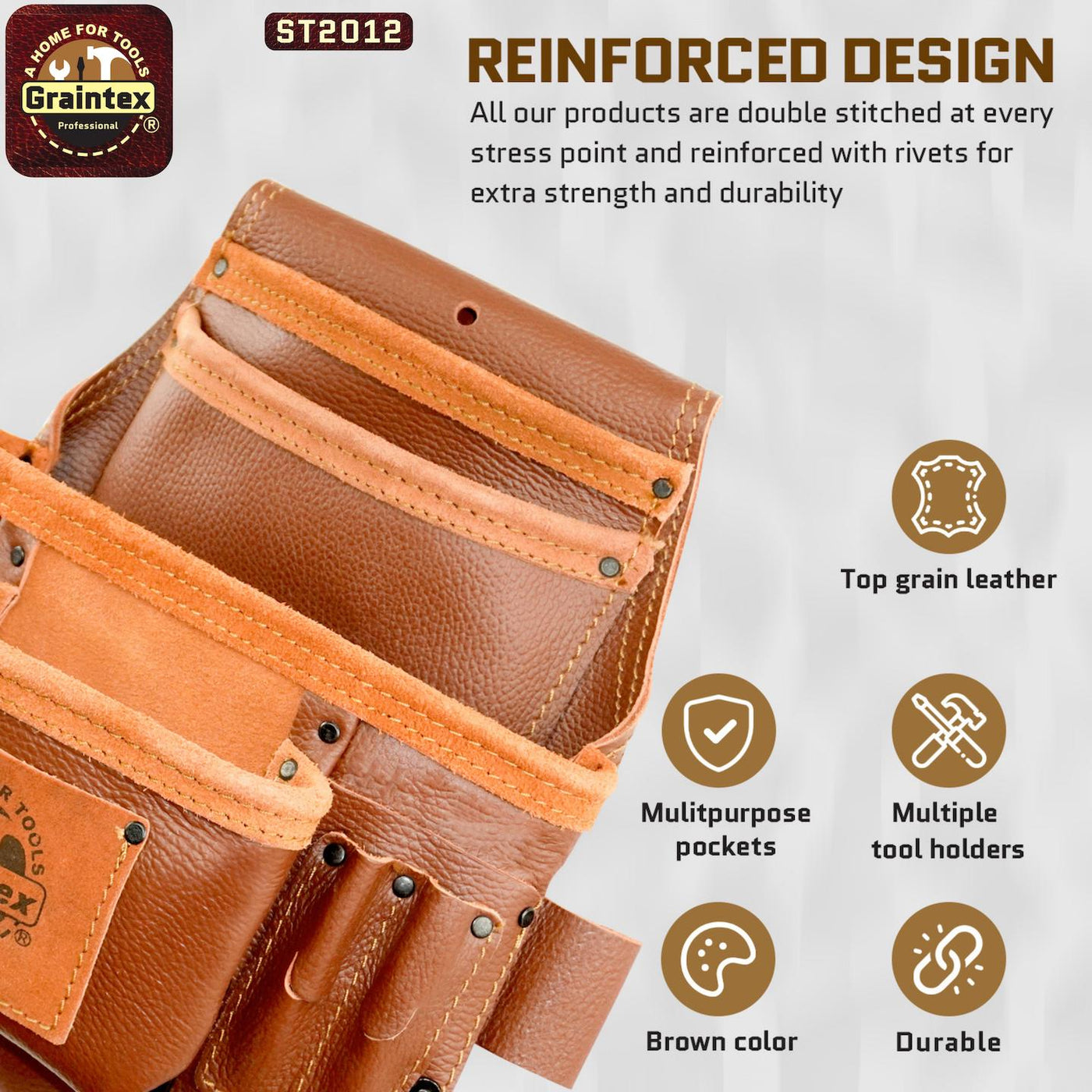 ST2012 :: 10 Pocket Nail & Tool Pouch Brown Color RUGGED Top Grain Leather