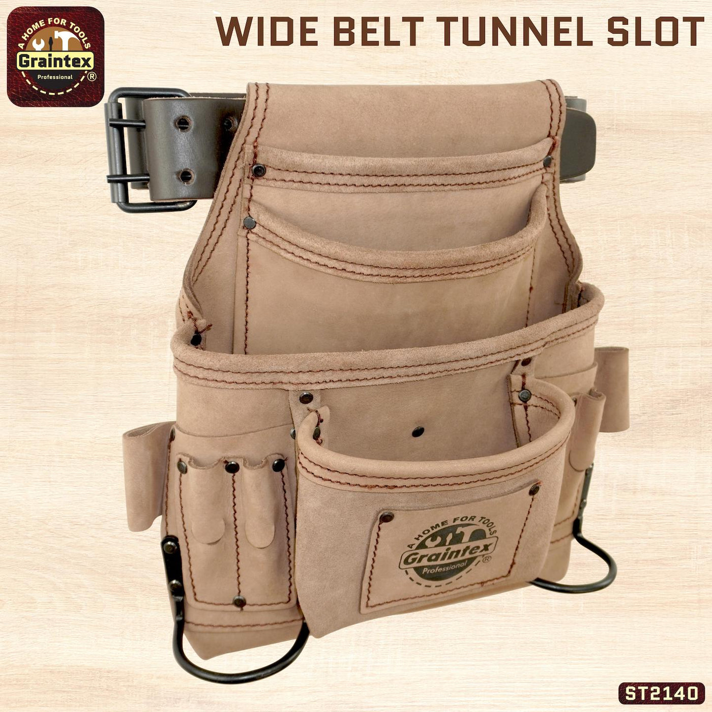 ST2140 :: 10 Pocket Nail & Tool Pouch Beige Color Top Grain Leather with 2" Leather Belt