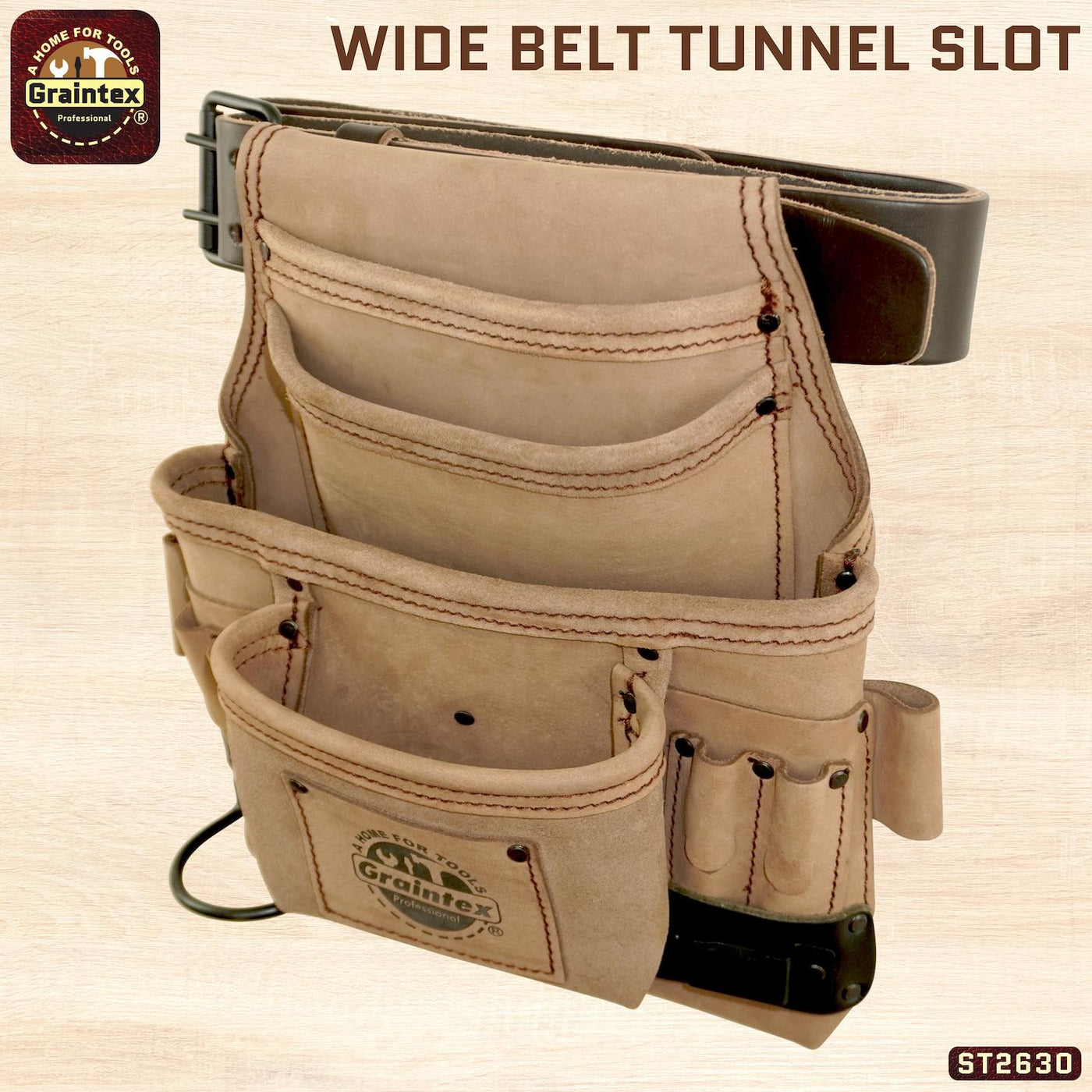 ST2630 :: 10 Pocket Nail & Tool Pouch Beige Color Top Grain Leather with 2" Leather Belt