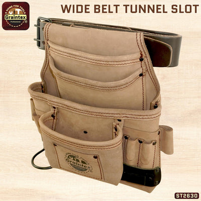 ST2630 :: 10 Pocket Nail & Tool Pouch Beige Color Top Grain Leather with 2" Leather Belt