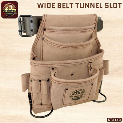 ST2140 :: 10 Pocket Nail & Tool Pouch Beige Color Top Grain Leather with 2" Leather Belt