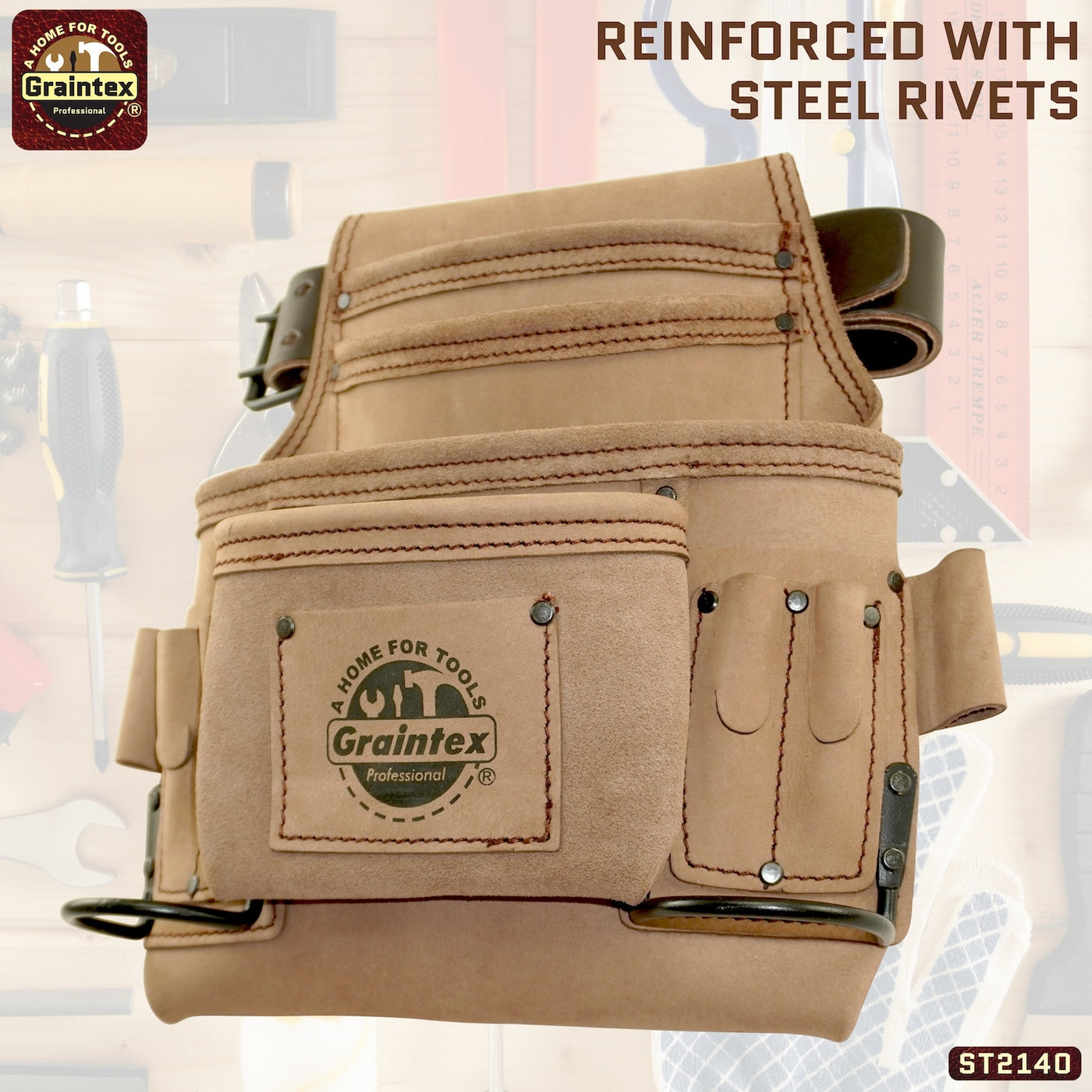ST2140 :: 10 Pocket Nail & Tool Pouch Beige Color Top Grain Leather W/2" Leather Belt